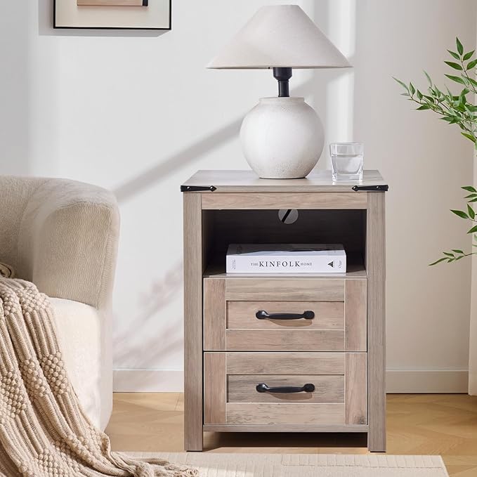 Farmhouse Night Stand, Rustic Sierra Nightstand for Bedroom, End Tables Without Charging Station, Bedside Table with Drawers, Wood Bedside Cabinet Dresser