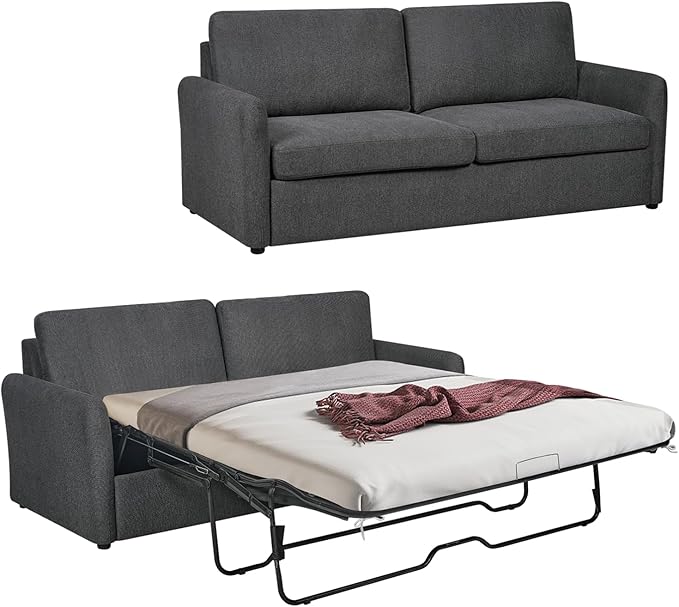 Queen Size Pull Out Sofa Bed, Convertible Sleeper Sofa Couch with Pullout Bed, 2 in 1 Sofa Bed Couch with Memory Foam Mattress for Living Room Office, Space-Saving, Dark Grey