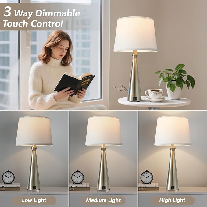 Seealle Modern Table Lamps Set of 2 - Touch Bedside Lamp for Nightstand with USB C+A,3-Way Dimmable Silver Nightstand Lamps for Living Room Bedroom End Table with White Shade(Bulb Included)
