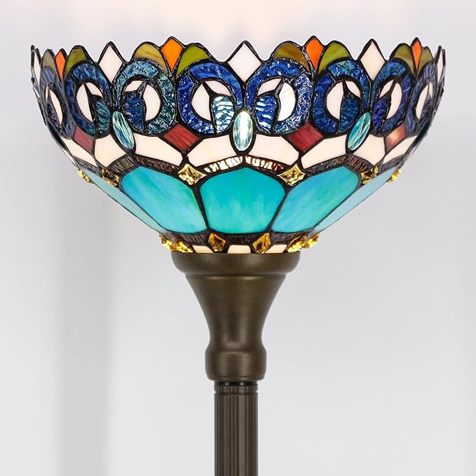 Tiffany Floor Lamp Torchiere Stained Glass Torch Lamp 12X12X67 Inch Antique Standing Corner Light (Blue Jewelry Baroque)
