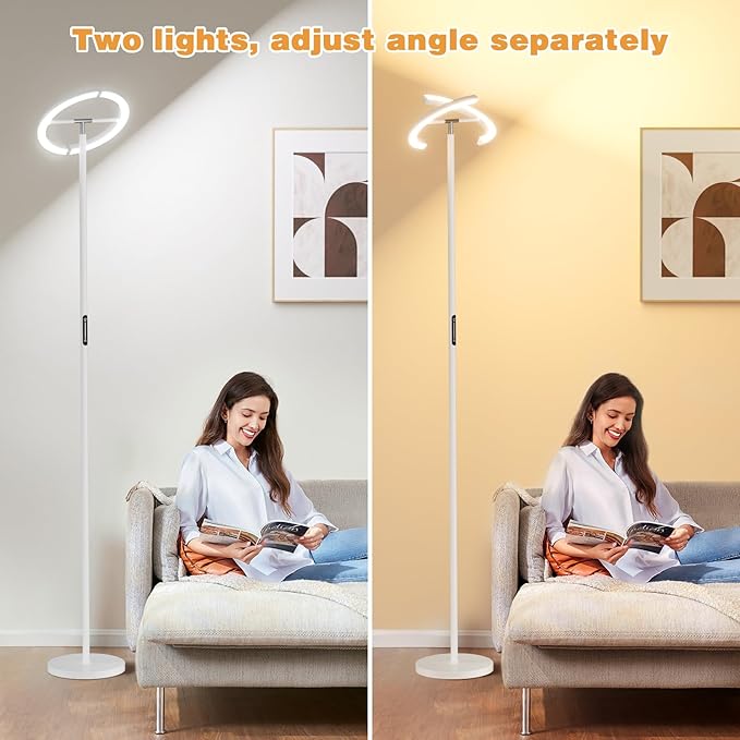 LED Floor Lamp - 70" Tall Modern Standing Lamp with 2 Rotatable Lights, Remote & Touch Control, 24W Bright Stepless Dimmable, Ideal for Living Room Bedroom Office(White)