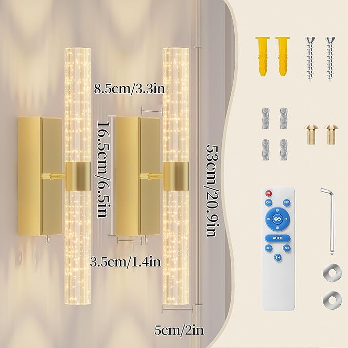 Battery Operated Gold Wall Sconces Set of 2 Rechargeable Battery Powered Wall Light with 12000mAh Not Hardwired Dimmable Wall Lamp Fixtures for Bedroom Living Room 20.9 Inches
