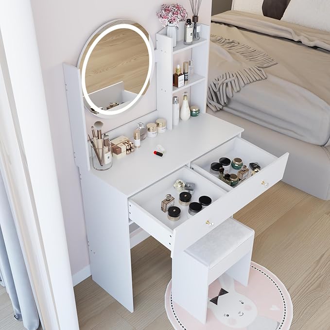 31.5" Small Vanity Desk with Mirror and Lights, Makeup Table with Led Lights, 3 Lighting Colors, Vanity Set with 2 Drawers and Stool for Small Space Bedroom, White