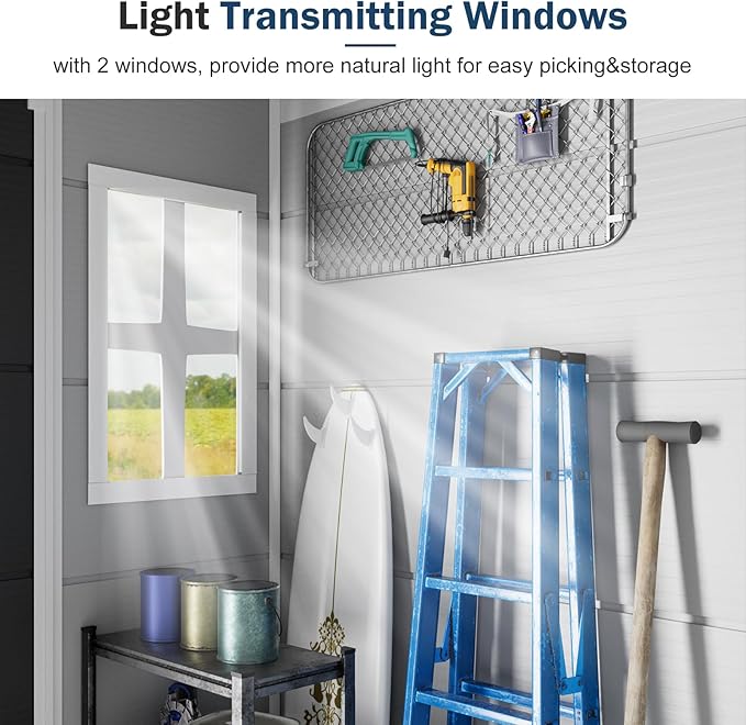 8x6 FT Resin Storage Sheds with Floor Waterproof Outdoor Shed Kit, Outside Plastic Sheds with 2 Windows for Backyard Garden Patio Lawn Tools