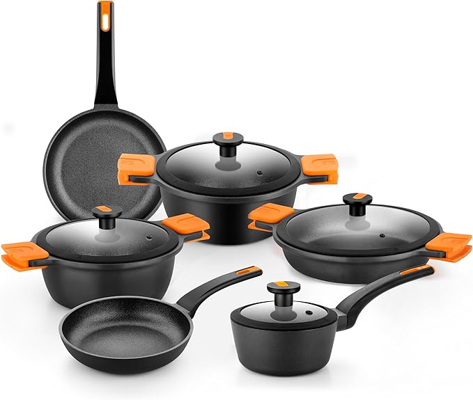 BRA COOKWARE Efficient Pro 10 Piece Cookware Set | Cast Aluminum Kitchenware Set | 2 Pots, 1 Sauté Pan, 2 Frying Pans, 1 Saucepan, 4 Lids | Non-Stick | All Stovetops Compatible | PFOA Free