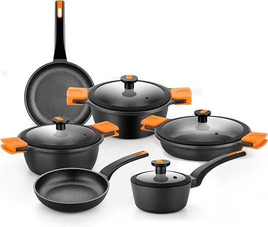 BRA COOKWARE Efficient Pro 10 Piece Cookware Set | Cast Aluminum Kitchenware Set | 2 Pots, 1 Sauté Pan, 2 Frying Pans, 1 Saucepan, 4 Lids | Non-Stick | All Stovetops Compatible | PFOA Free