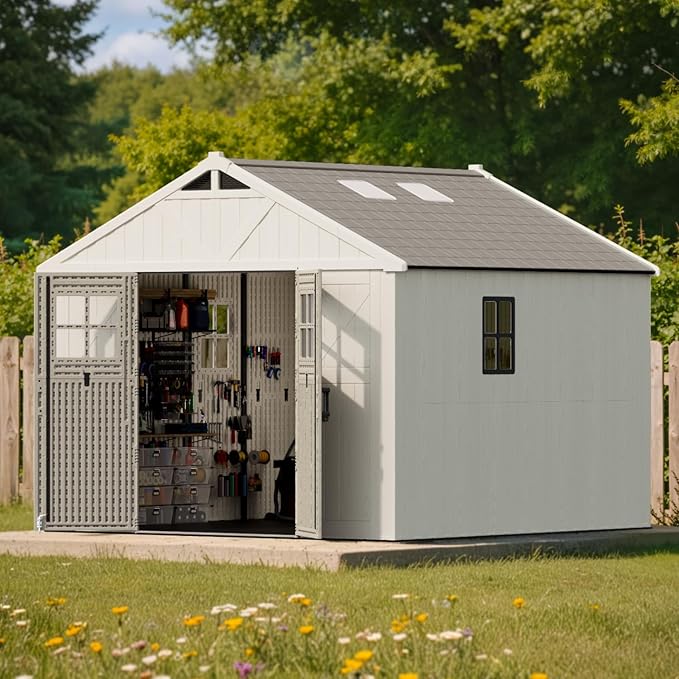Patiowell 10x10 FT Outdoor Storage Shed, Plastic Shed with Floor and Skylight, Four-Window Resin Storage Shed with Lockable Door for Garden, Patio, Backyard, Beige