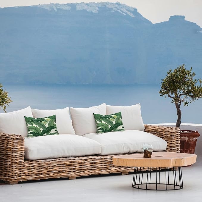 LVTXIII Set of 2 Patio Lumbar Pillows, 12”x20” Fade Resistant Outdoor Lumbar Pillow with Inners, Fluffy Decorative Garden Lumbar Cushions for Home Patio Coach Sofa Use, Swaying Palms Green