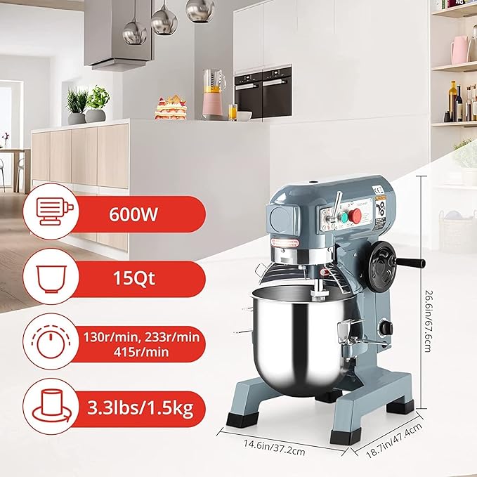 Commercial Food Mixer 15QT 600W 110V 3 Speeds Adjustable, Stand Mixer Dough Kneading Machine with Stainless Steel Bowl Dough Hooks Whisk Beater, With Safety Guard for Bakeries Restaurants Pizzerias