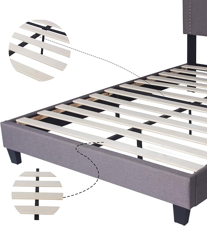 Bed Frame Queen Size, Upholstered Platform with Tufted Headboard Mattress Foundation with Wooden Slats Full for Bedroom School Students Kids Adults Storage Under 500lbs (Grey Fabric, Queen)