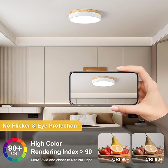 Dimmable Wood LED Ceiling Light Fixture, 5CCT 2700K-6000K Modern White Flush Mount Ceiling Lighting, Minimalist Round Ceiling Lamp for Bedroom, Kitchen, Laundry Room, Hallway, 11.81in