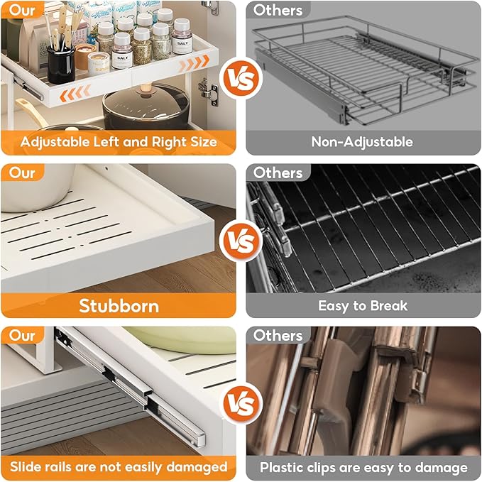 2-Tier Expandable Pull Out Cabinet Organizer, 16.9" Deep Heavy-Duty Slide Rail Slide Out Drawer Organizers with Adhesive Nano Film for Pots, Roll out Shelf Storage for Kitchen & Pantry Storage,White