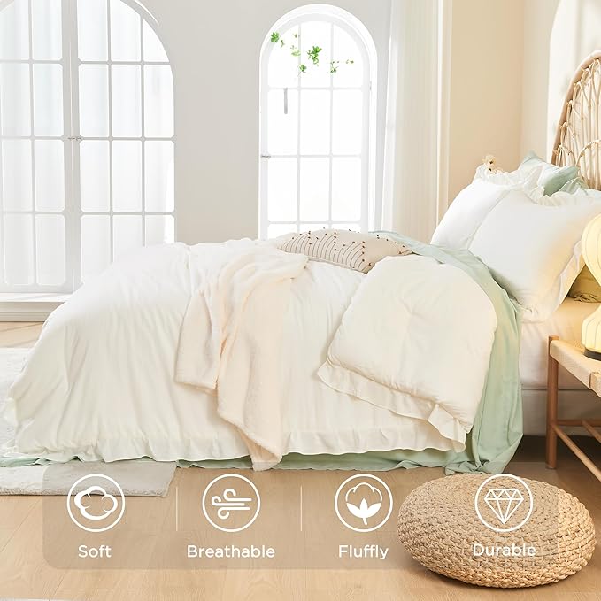 Litanika Twin Comforter Set Ivory, 2 Pieces Beige Ruffle Farmhouse Aesthetic Bedding Comforter Set, Lightweight Fluffy Microfiber Bed Set (66x90In Comforter, 1 Pillowcase)