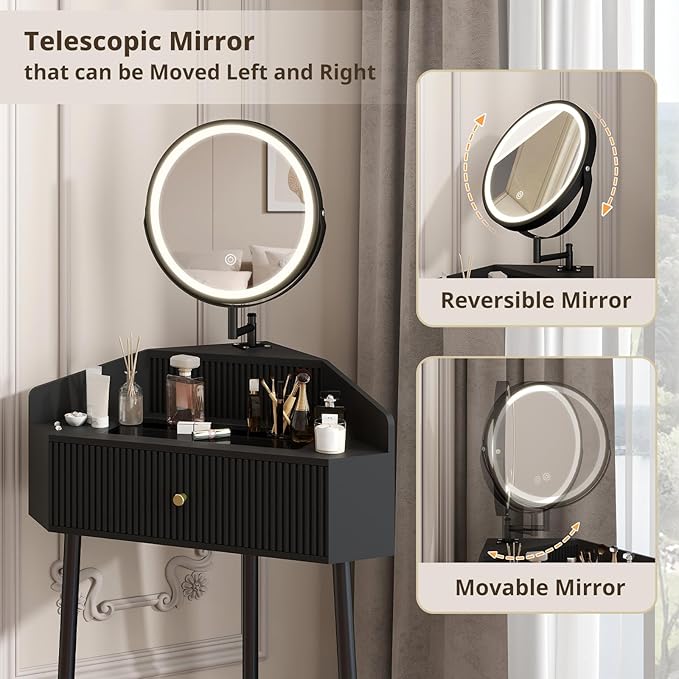 ARTETHYS Corner Vanity Desk with Retractable and Rotating Mirror and Lights Small Modern Black Makeup Vanity Set with Glass Top for Women Compact Girls Dressing Table with Storage for Small Space