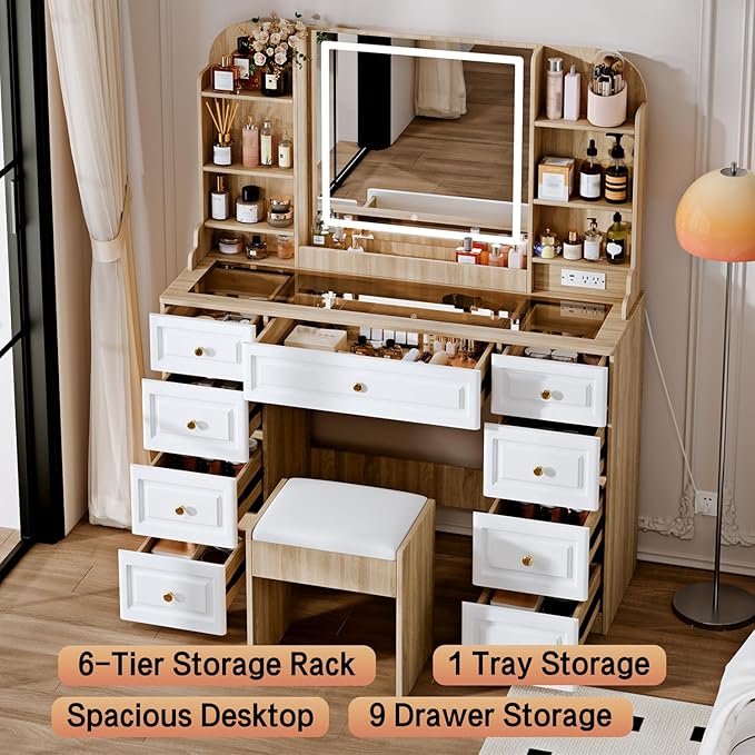 43" Makeup Vanity Desk with Mirror and Lights, & Power Outl, Glass Top Big Vanity Table with 9 Drawers& 8 Storage Shelves, Dressing Table Set with Chair for Bedroom, White+Oak