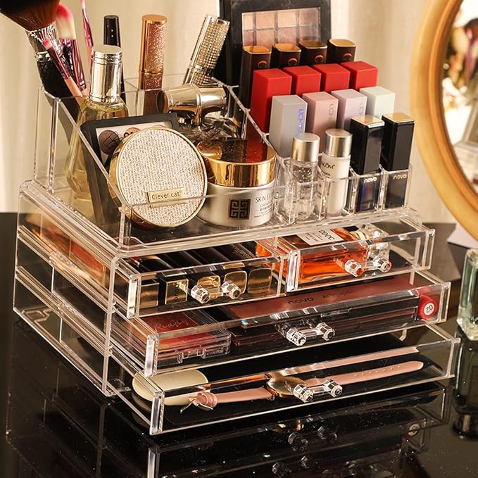 Cq acrylic 2 Pack Clear Make Up Organizer Countertop,Stackable 4 Drawers Makeup Storage,Cute Vanity Organizers for Dresser Hair Clip,Jewelry,Beauty Product Desk and Bathroom Organizers and Storage