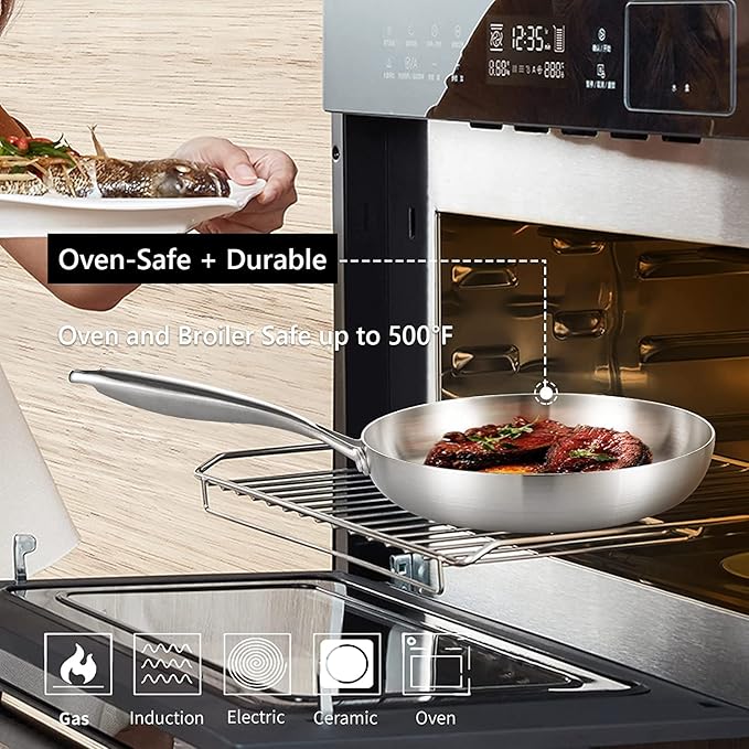 LOLYKITCH 9.5 Inch Tri-Ply Stainless Steel Frying Pan,Skillet,Induction Cooking Pan,Dishwasher and Oven Safe,Detachable Handle.