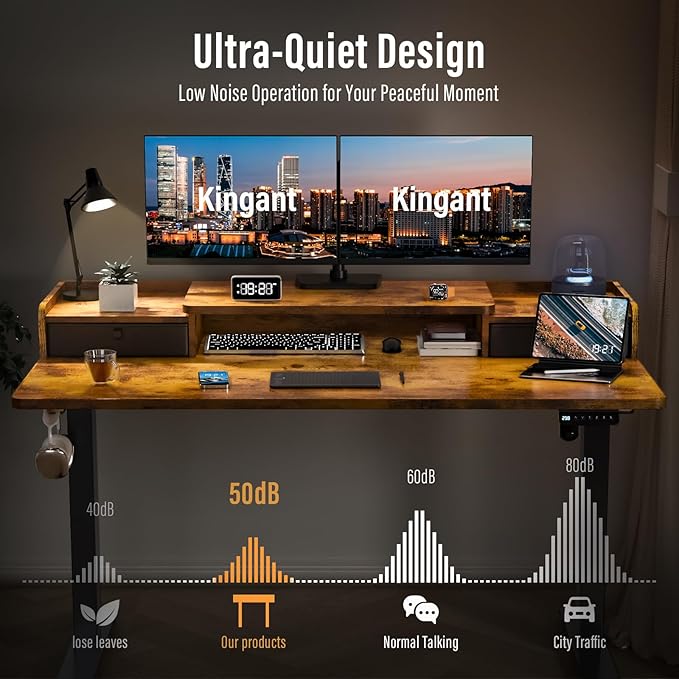 Kingant 55" x 30" Standing Desk with Drawers, Large Desktop, Ergonomic Sit Stand Desk for Home Office Work, Cable Management, 3 Preset Heights & 2 Hooks, Rustic Brown