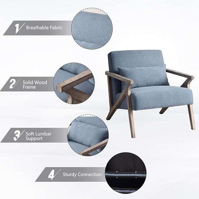 INZOY Mid Century Modern Chair with Wood Frame, Upholstered Armchair with Waist Cushion, Accent Chair for Living Room Bedroom Apartment, Easy Assembly, Blue