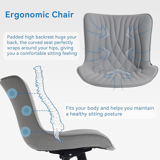 YOUNIKE Office Chair, Armless Desk Chair with Wheels, Adjustable Swivel Rolling Home Office Computer Task Chairs, Modern Faux Leather Upholstered Vanity Chair, Grey