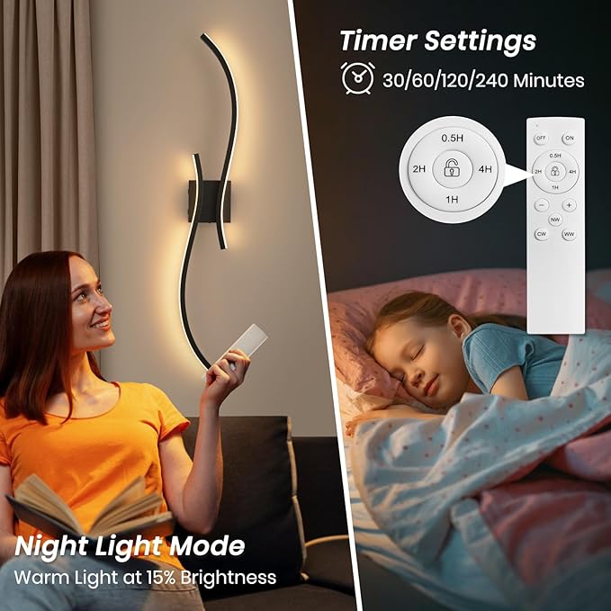 Battery Operated Wall Sconce Set of 2, 18000mAh Black Rechargeable Wall Lights with Remote Control,3000K-6000K Dimmable LED Wireless Wall Light for Living Room Bedroom Hallway,39.3 Inch (Black)