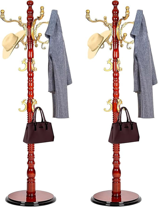 73”Vintage Wooden Coat Rack Freestanding With 14 Hooks and Sturdy Round Base。3-level Adjustable Vintage Wooden Coat Rack.Coat Rack Stand for Living Room Bedroom Office