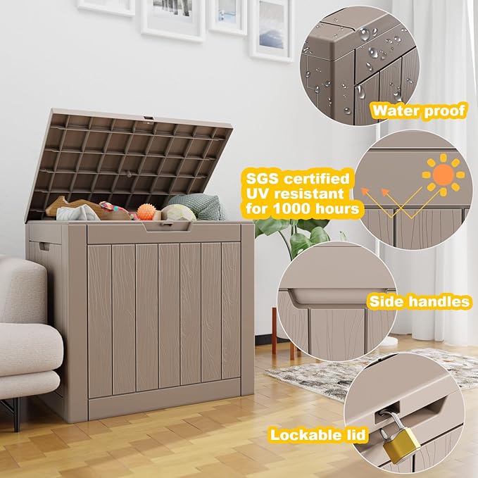 Vixzen 30 Gallon Resin Deck Box, Lockable Outdoor Storage Box for Patio Cushions Storage Furniture,Garden Tools, Pool Supplies, Weatherproof and UV Resistant- Grey