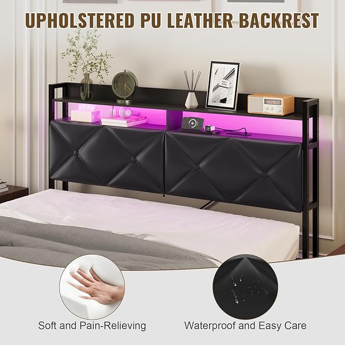 Headboard Queen Size with 2-Tier Open Storage and LED Light, Upholstered Headboard with Charging Station, Height Adjustable Sturdy Queen Bed Head Only for Dorm Bedroom, Easy Assembly, Black