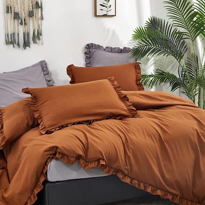 Luxlovery Ruffle Pumpkin Comforter Set King Farmhouse Rust Terracotta Bedding Comforter Set Shabby Boho Solid Cotton Blanket Quilts Vintage Rustic Pumpkin Bedding Set for King Bed