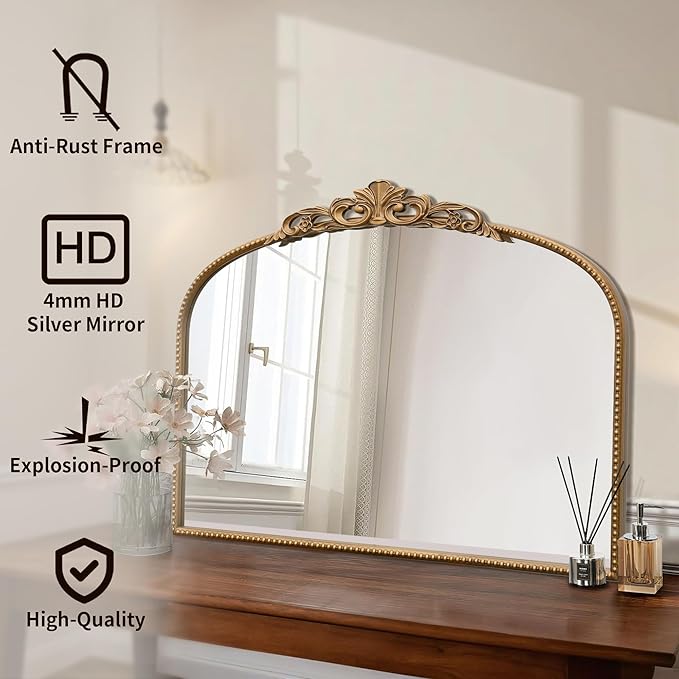 Micasso Gold Vintage Wall Mirror: 24"x 32" French Baroque Antique Arched Wall Mounted Mirror - Traditional Ornate Decorative Entryway Mirror for Home Decor/Entryway/Fireplace/Living Room/Hallway