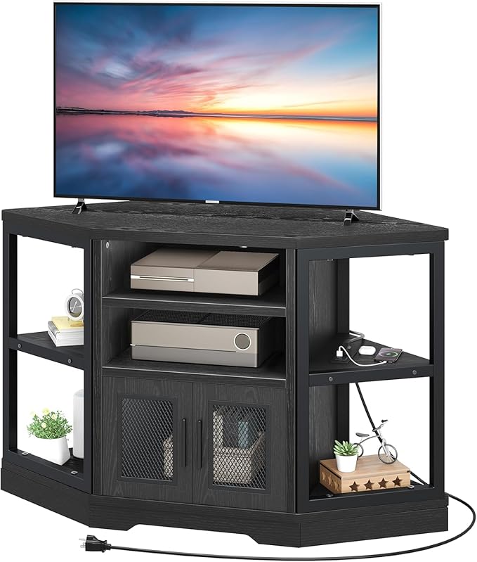 YITAHOME Corner TV Stand for TVs up to 55/50 Inch with Power Outlet, Modern Farmhouse Entertainment Center, Wood TV Media Console with Storage Cabinets Shelves for Living Room, 47" Black