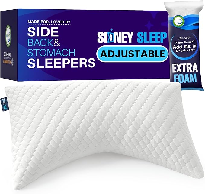 Sidney Sleep Pillow for Side and Back Sleepers - Comfort for Neck and Shoulder Pain - Adjustable Contour Fill - Queen Size - Extra Fill Included (White)