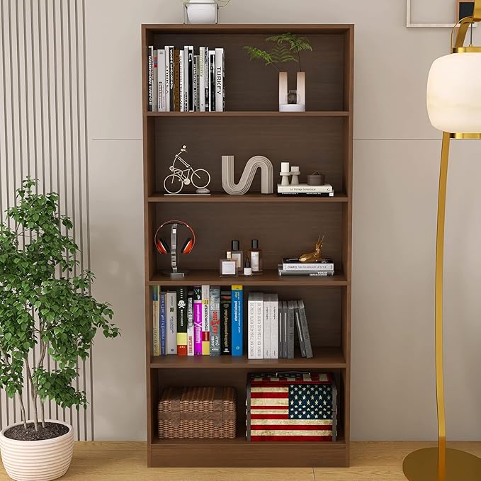 5 Shelf Wood Bookcase Freestanding Bookshelf for Home Office Library Small Narrow Space(11.8" D x 31.5" W x 67.9" H,Brown,5-Layers)