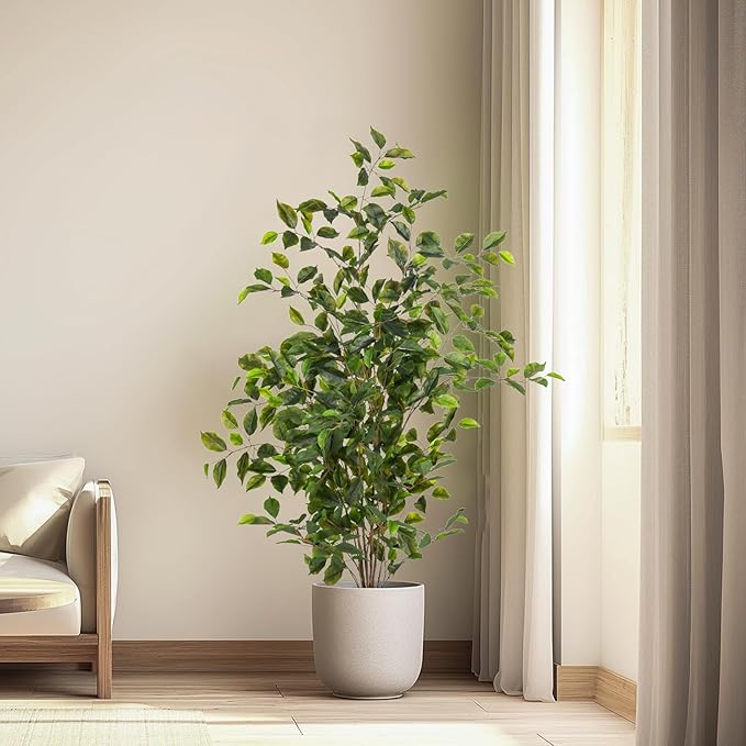 Artificial Ficus Tree Indoor 4ft, Large Potted Faux Tree with Realistic Silk Leaves & Trunk for Home Office, Living Room Corner Decor