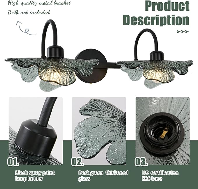 Black Wall Sconce 2 Light Bathroom Vanity Light Over Mirror, Modern Wall Light Fixture with Dark Glass Shade mid Century Wall Sconce Bedroom Wall sconces for Bedroom Hallway Living Room