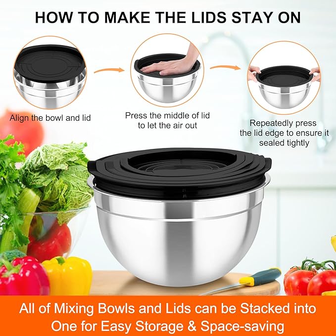 TeamFar Mixing Bowls with Airtight Lids, 5PCS Stainless Steel Metal Salad Bowl with 3 Grater Attachments, for Cooking, Prepping, Serving, Healthy & Easy Clean - 0.7/1/1.5/2.6/4.6QT, Black