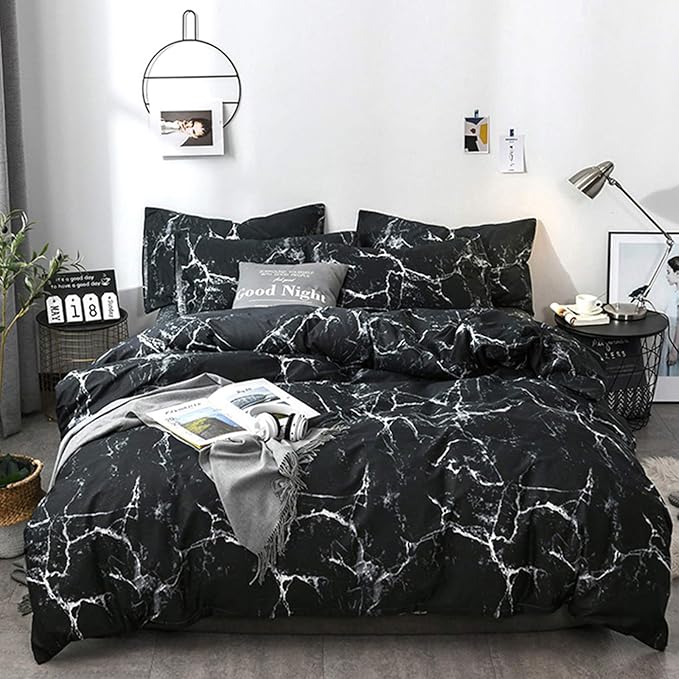 Luxlovery Black Marble Comforter Set Queen Black Marble Bed Set Full Cotton Comforter Cozy Beathable Soft Black and White Marble Quilts Blanket Modern Comforter Set