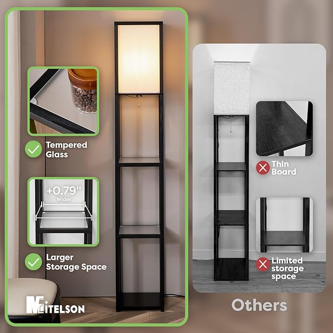 Floor Lamp with Shelves, Modern Square Standing Lamp with Glass Shelves, Corner Display Shelf with Light, Tall Lamp with Shelves for Living Room, Bedroom, Office, Bookshelf, Black