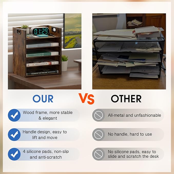 5-Tier Wood Paper Organizer, File Holder for Desk With Handle - Wooden Paper Letter Tray, Desk Organizer and Accessories, File Cabinet for Home Office, School