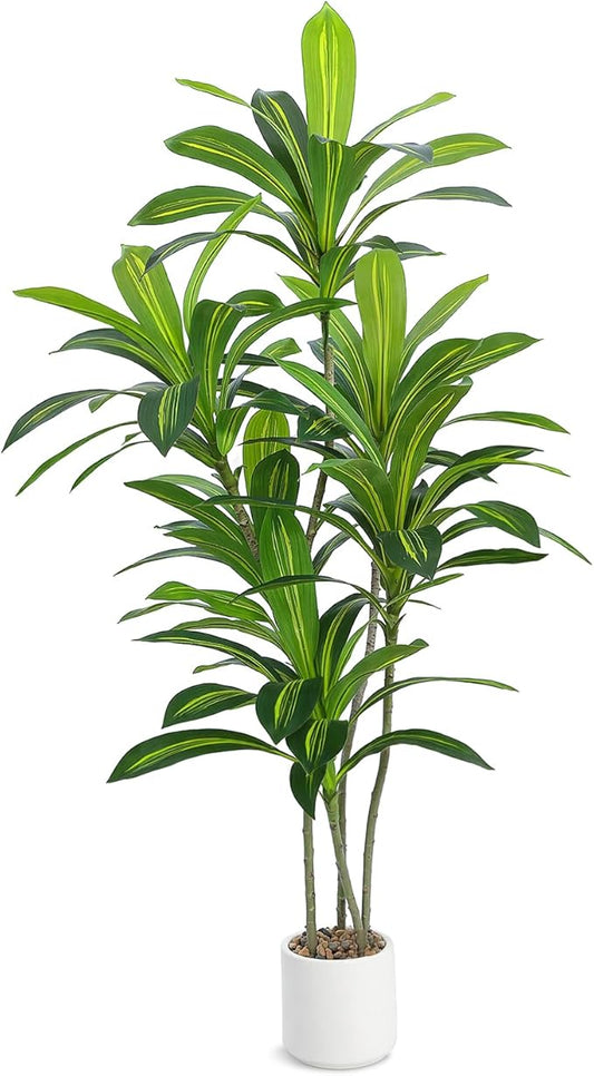 Artificial Dracaena Tree 5FT Tall, Realistic Faux Indoor Floor Plant for Home & Office Decor, White Round Planter with Decorative Stones – UPBUD