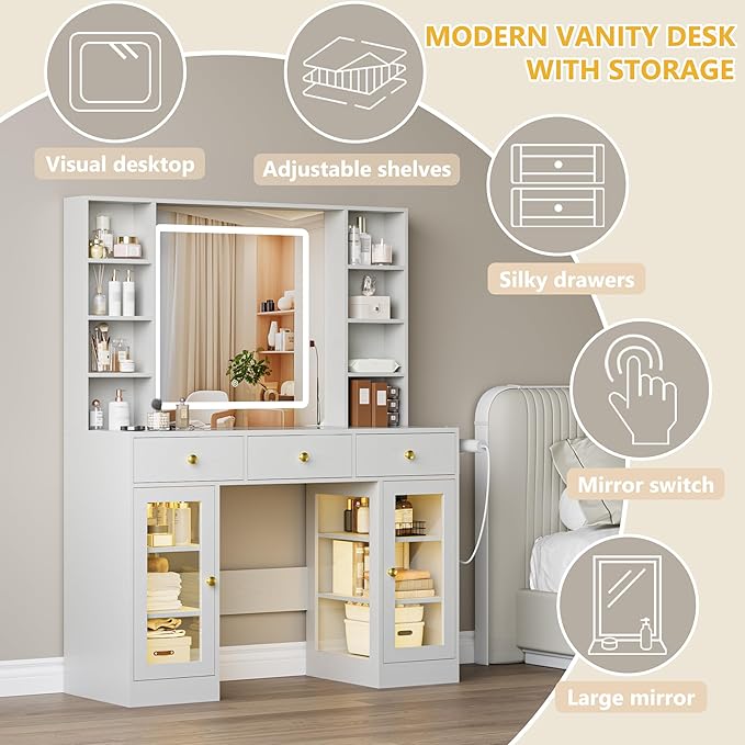 Vanity Desk with Mirror and Lights, White Makeup Vanity with Glass Top & Drawers, 3 Lighting Modes, Power Outlet, RGB Glass Cabinets, Modern Dressing Table for Bedroom, Girls, Women, Teens