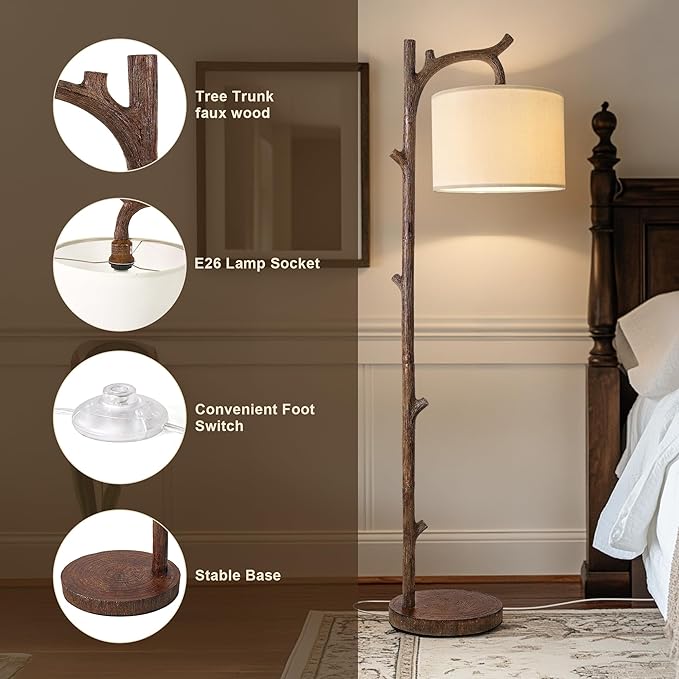 OYEARS Retro Farmhouse Floor Lamp for Living Room with Remote Rustic Standing Lamps Tree Trunk Deco Modern Country Vintage Wood Floor Lamp（Brown,Bulb Included）