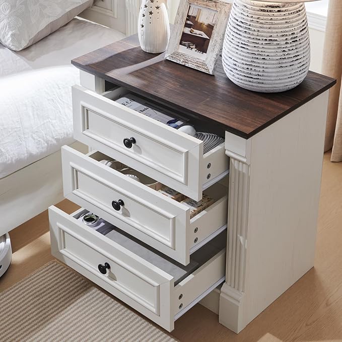 26" Tall Nightstand with Charging Station, Farmhouse 23.6" Wide Large End Table w/Roman Column, Wood Rustic Side Table w/Metal Handle, 3 Drawers Dresser for Bedroom, Living Room, White