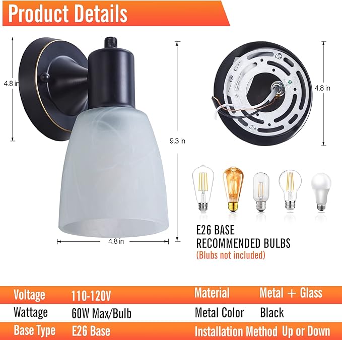 Wall Sconces Set of 2, Matte Black Vanity Lights for Bathroom, Modern Wall Light Fixtures with Rotary Switch, Wall Mount Light with Frosted Glass, Farmhouse Wall Lamp for Bedroom Mirror Living Room