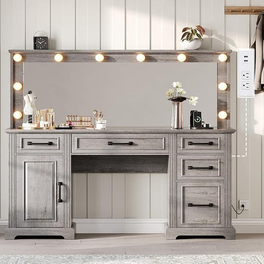 55" Farmhouse Vanity Desk with Large Mirror & Lights, Glass Top Large Makeup Vanity Table with 10 Hollywood Lights Bulbs, Charging Station, 5 Drawers, Dressing Table for Bedroom, Rustic Grey