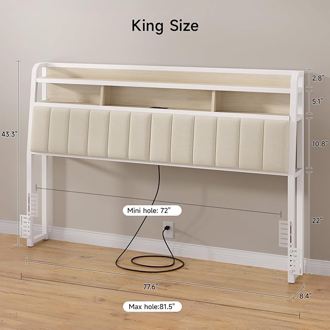 Ergonomic Headboard for King Size Bed with 2-Tier Storage, Upholstered Headboards with Outlets, USB Ports, LED Light, King Head Board Only, Height Adjustable, Sturdy and Stable, White