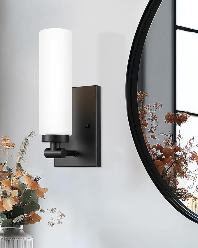 Emak Black Sconces Set of 2, Modern Wall Lights with Milk Glass Shade, Farmhouse Vanity Lights for Bathroom, Living Room, Bedroom, Gallery, WS086-BK-ML-2PK
