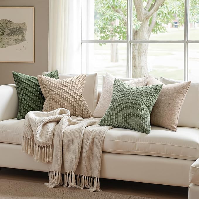 MIULEE Throw Pillow Covers Soft Corduroy Decorative Set of 2 Boho Striped Pillow Covers Pillowcases Farmhouse Home Decor for Couch Bed Sofa Living Room Spring 18x18 Inch Sage Green