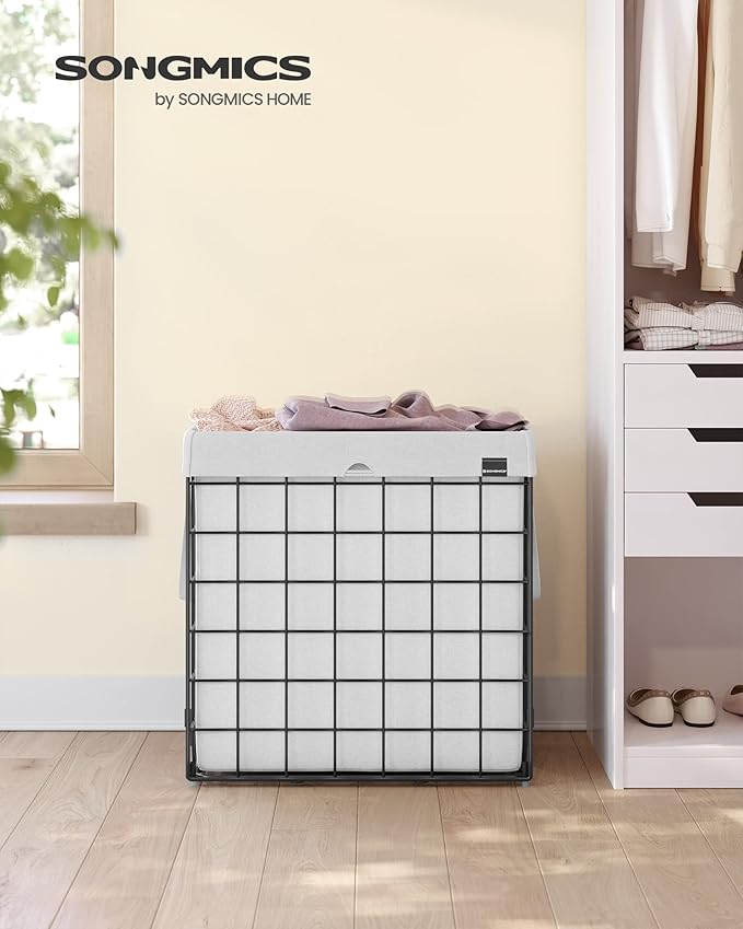 SONGMICS Laundry Hamper, 29 Gal. (110L) Laundry Basket, Collapsible Clothes Hamper, Removable and Washable Liner, Metal Wire Frame, for Bedroom Bathroom, Cream White ULCB111W01