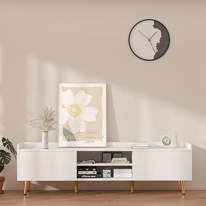 Bonzy Home 70'' Fluted TV Stand Modern Entertainment Center with Sliding Doors & Storage for up to 75'' TV, Media TV Console for Living Room & Bedroom, White